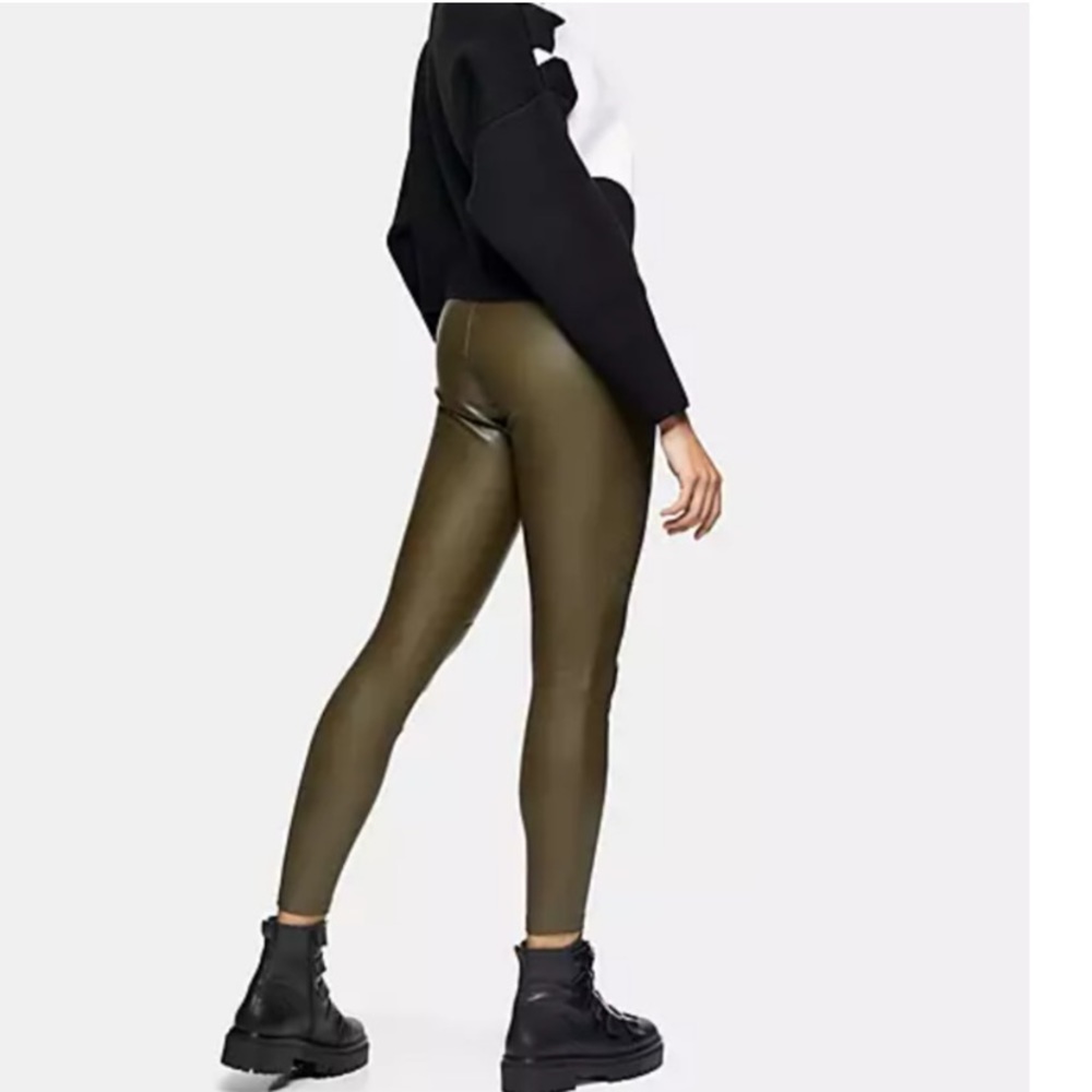Topshop Faux Leather Pants Olive Green